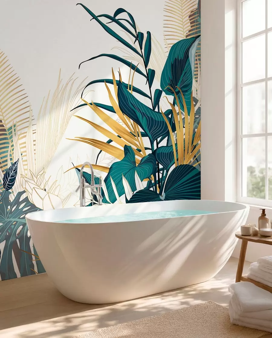wall murals Тропско бујно зелено лишће, укључујући лишће палми, папрати и друге егзотичне биљке тамнозелене и наранџасте боје w08338
