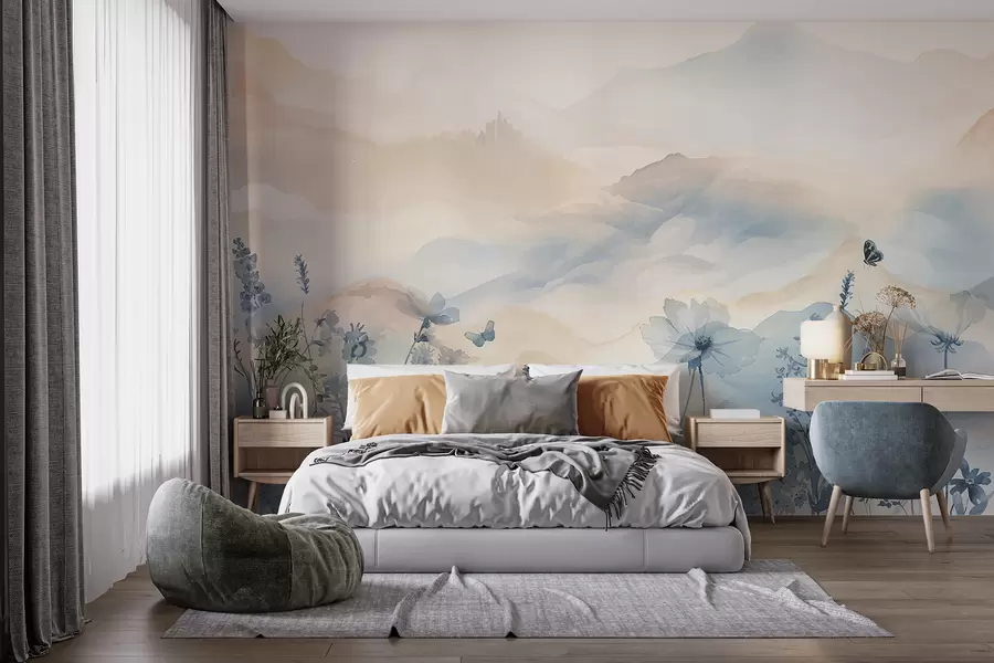 wall murals Спокојан пејзаж са магловитим планинским венцем у позадини, окружен пољем деликатног плавог цвећа w08339