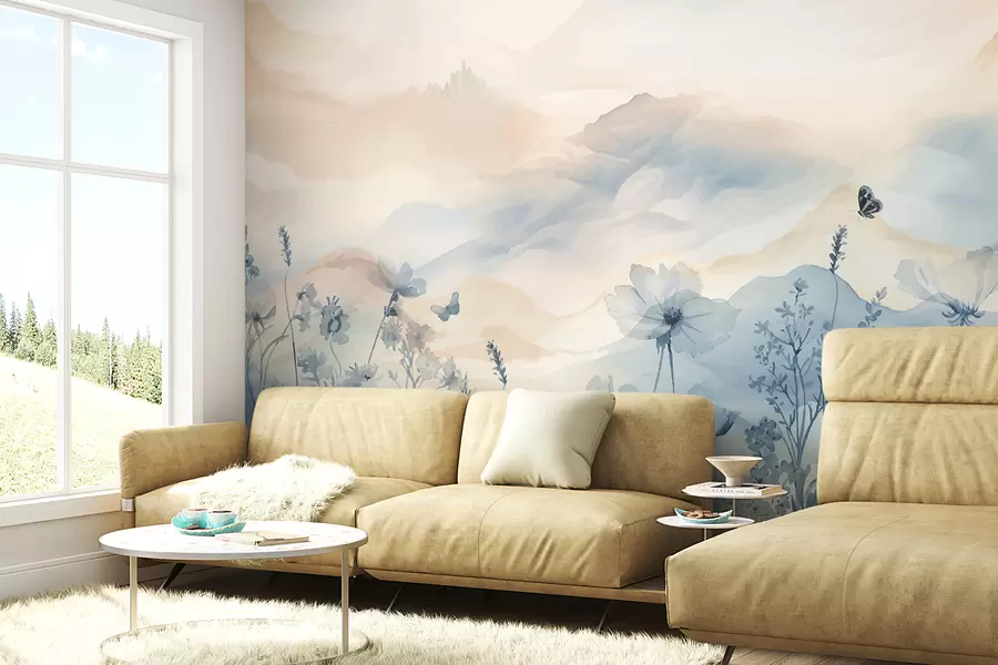 wall murals Спокојан пејзаж са магловитим планинским венцем у позадини, окружен пољем деликатног плавог цвећа w08339