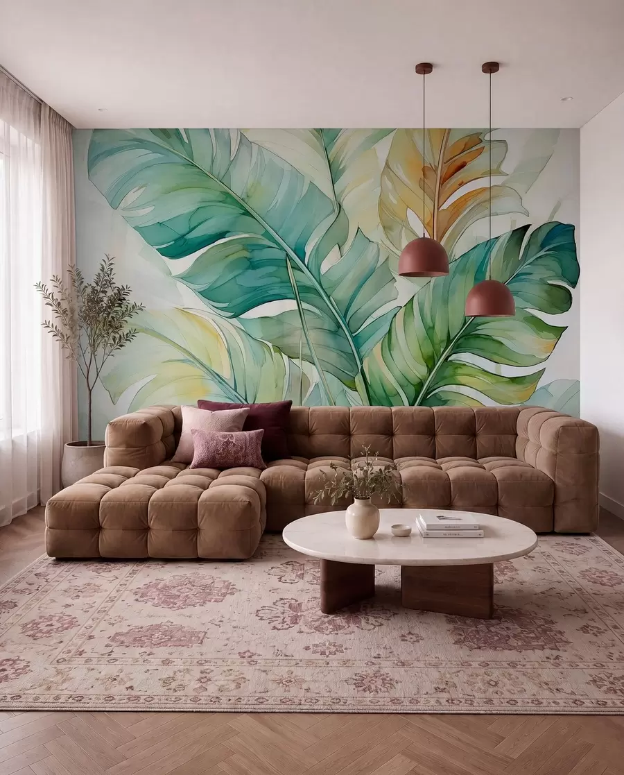 wall murals Тропско лишће банане палме влажно акварел w01775
