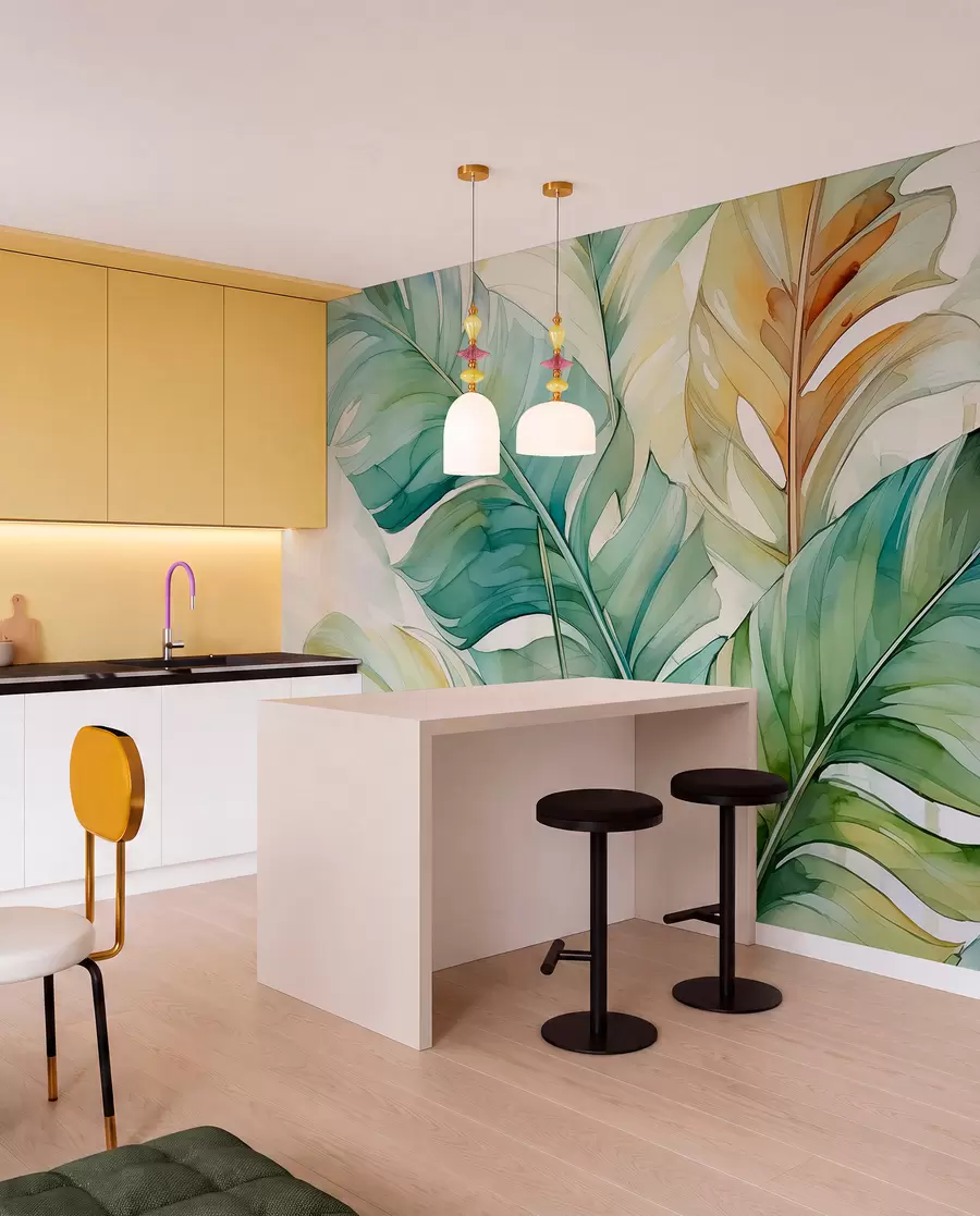 wall murals Тропско лишће банане палме влажно акварел w01775
