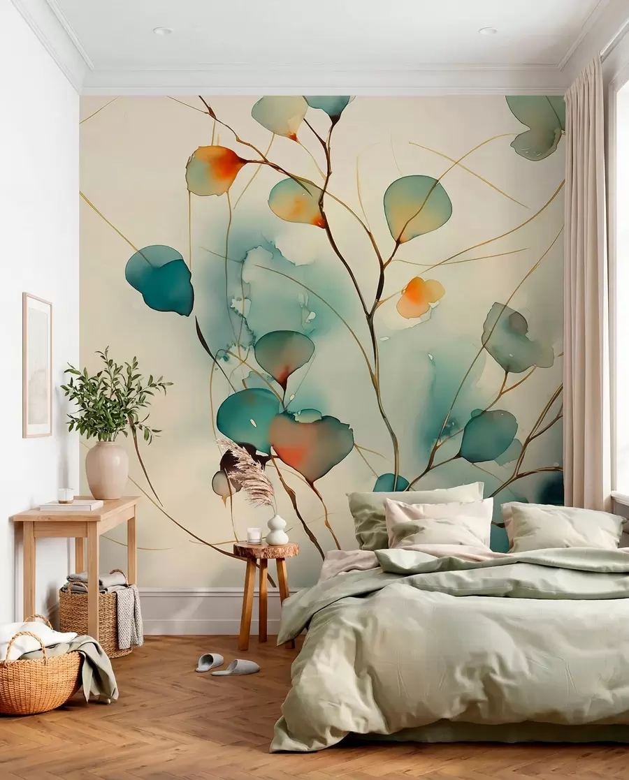 wall murals Апстрактне гране са листовима замагљеним влажним акварелом w01779