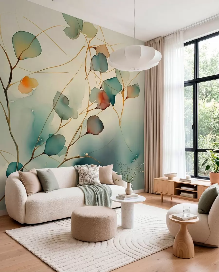 wall murals Апстрактне гране са листовима замагљеним влажним акварелом w01779