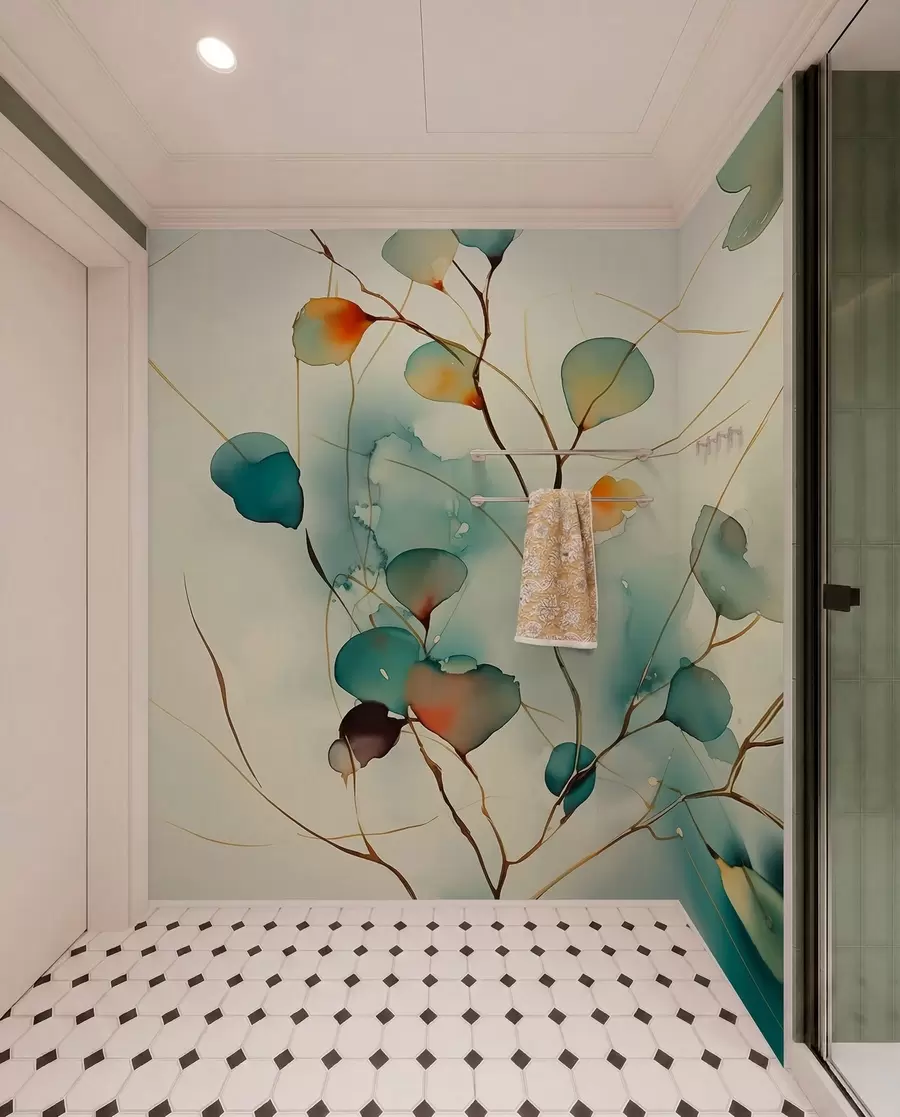 wall murals Апстрактне гране са листовима замагљеним влажним акварелом w01779