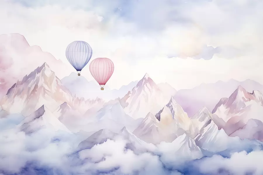 wall murals Акварел планине са ваздушним балонима, етеричне w01786