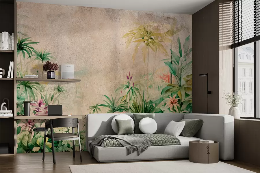 wall murals Шума џунгле, акварел, палме, цветна, беж позадина w01788