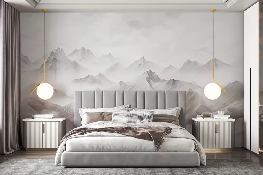 wall murals Планине са облацима, акварел, нежне сиве боје w01790v1