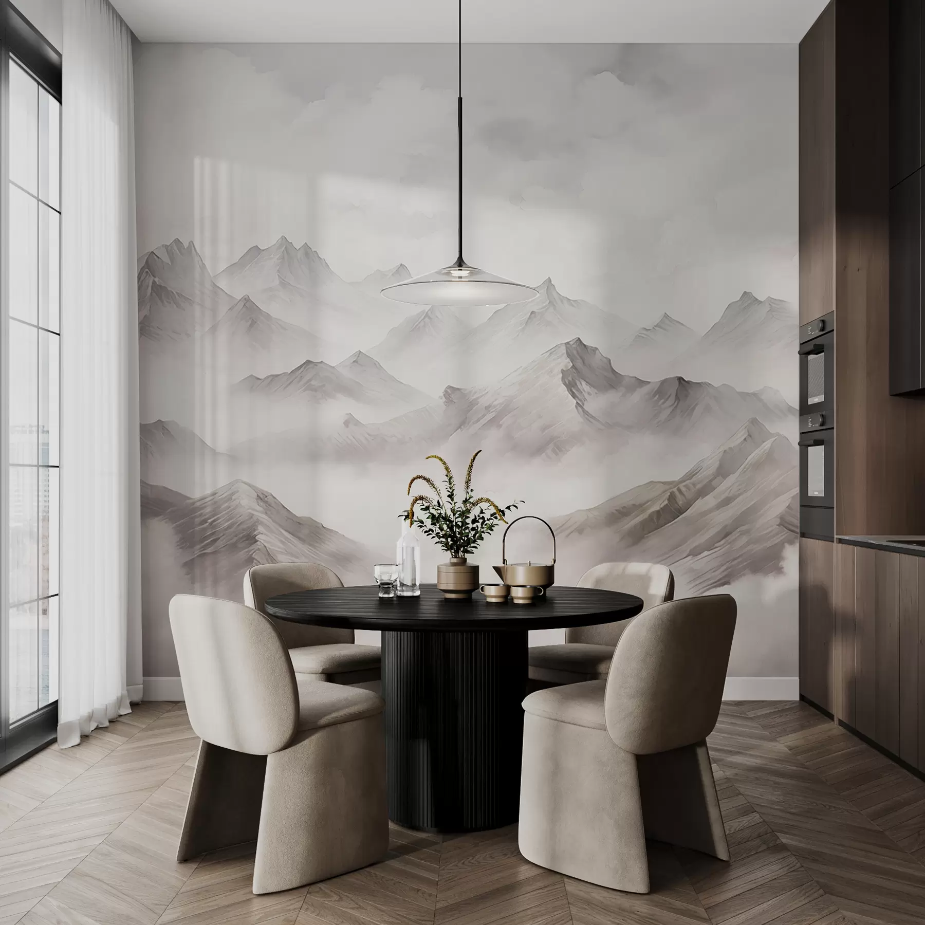 wall murals Планине са облацима, акварел, нежне сиве боје w01790v1