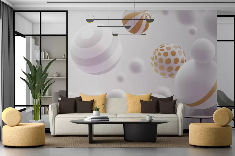 wall murals Волуметричне летеће сфере у 3Д стилу у светлосивим тоновима са наранџастим акцентима w01148