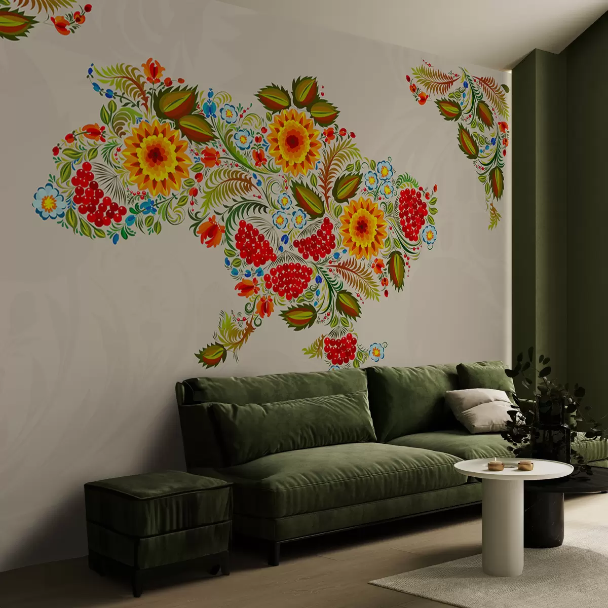 wall murals Карта Украјине у стилу петриковског сликарства на светло беж позадини w01149
