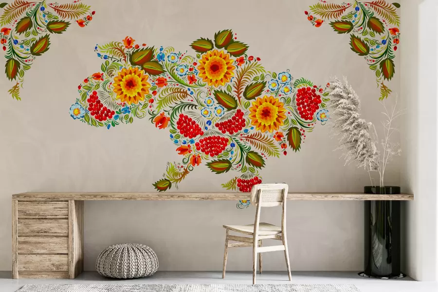 wall murals Карта Украјине у стилу петриковског сликарства на светло беж позадини w01149