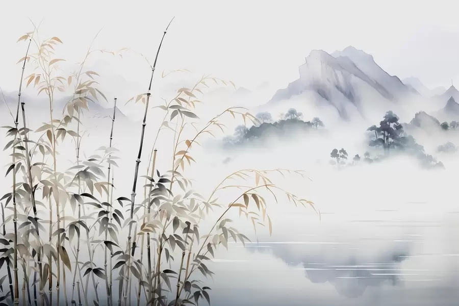 wall murals Влажне акварелне стабљике бамбуса на позадини планине w01864