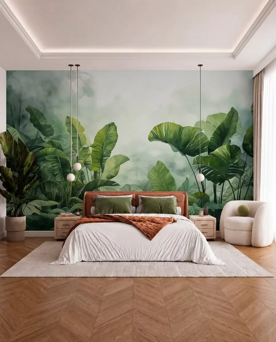 wall murals Тропско лишће у џунгли на позадини влажне магле акварела w01868