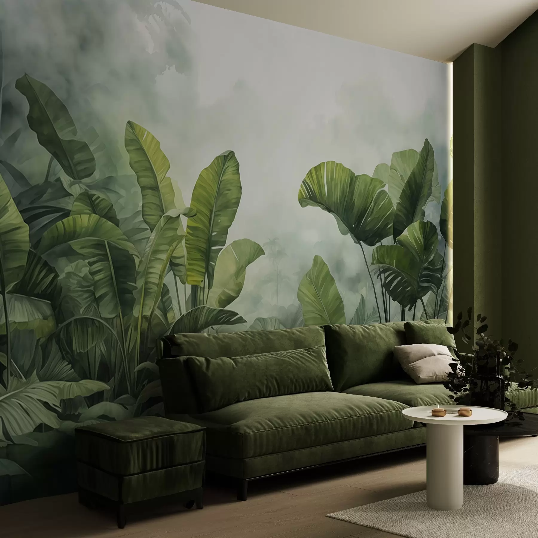 wall murals Тропско лишће у џунгли на позадини влажне магле акварела w01868