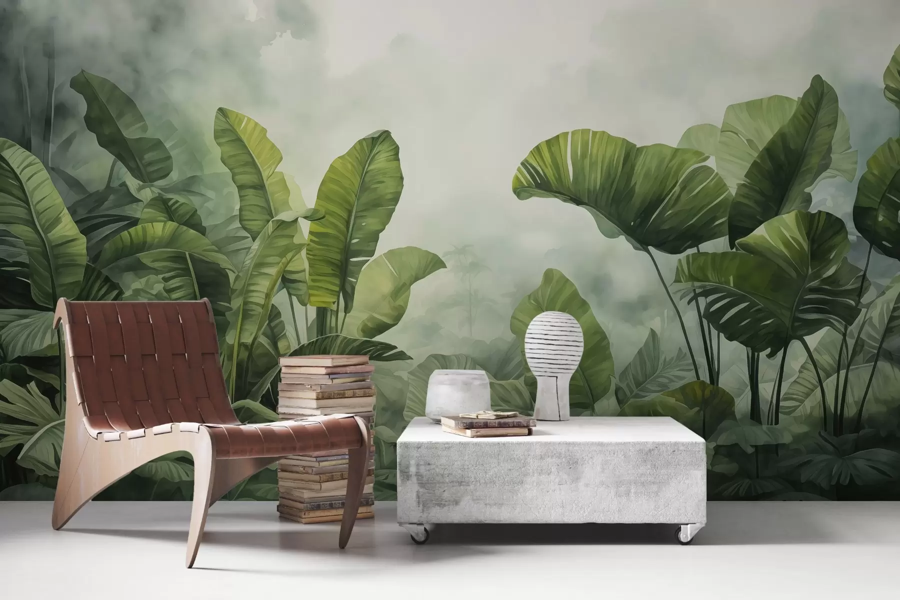 wall murals Тропско лишће у џунгли на позадини влажне магле акварела w01868