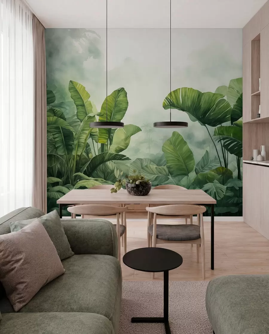wall murals Тропско лишће у џунгли на позадини влажне магле акварела w01868