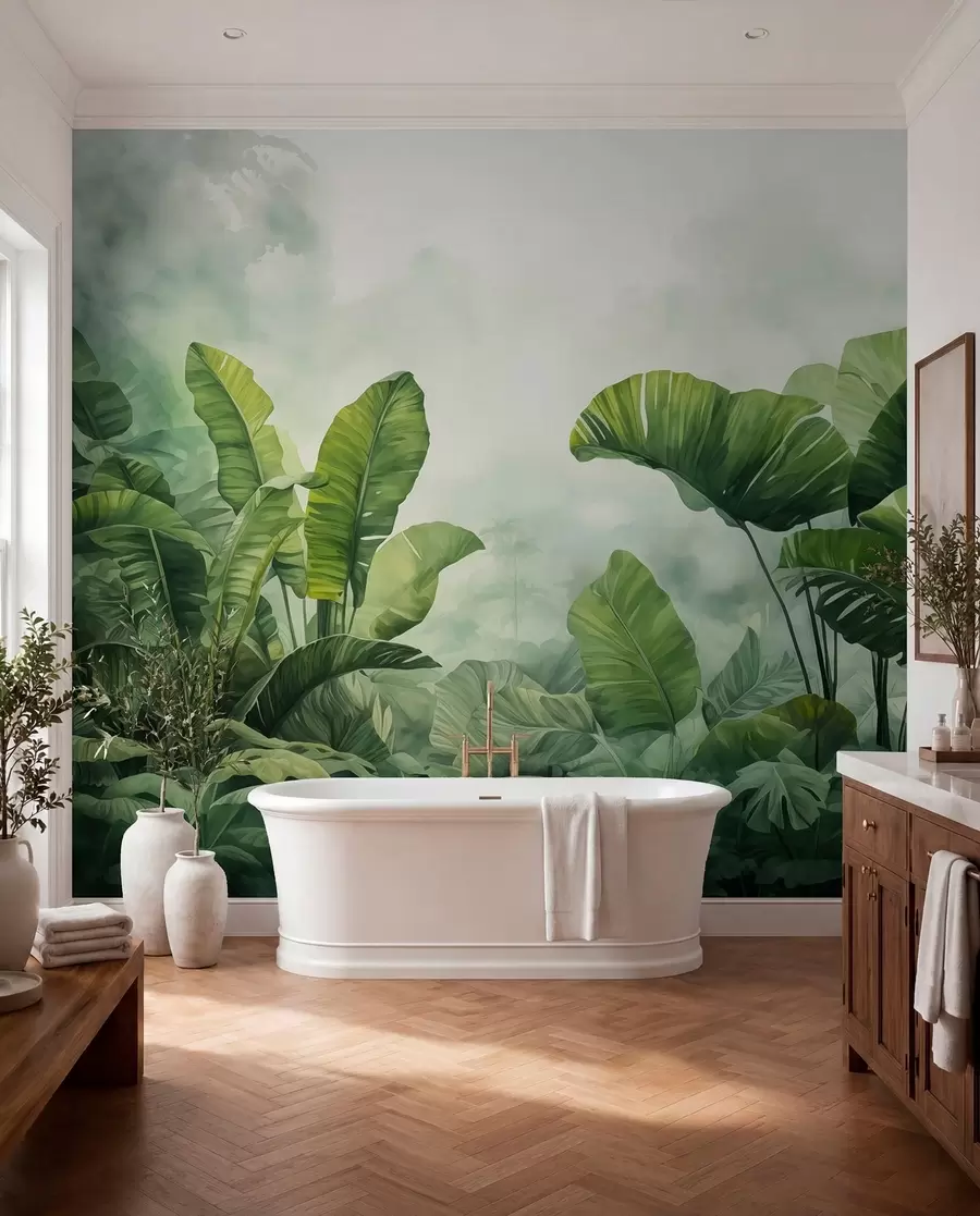 wall murals Тропско лишће у џунгли на позадини влажне магле акварела w01868