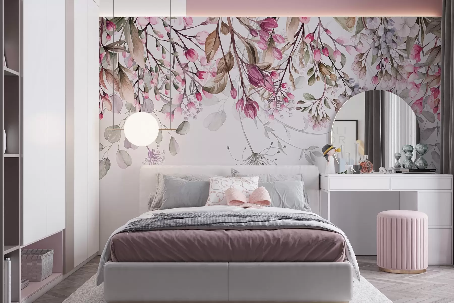 wall murals Нежне розе и беле цветне гране са листовима и латицама, на пастелно сивој позадини w08347