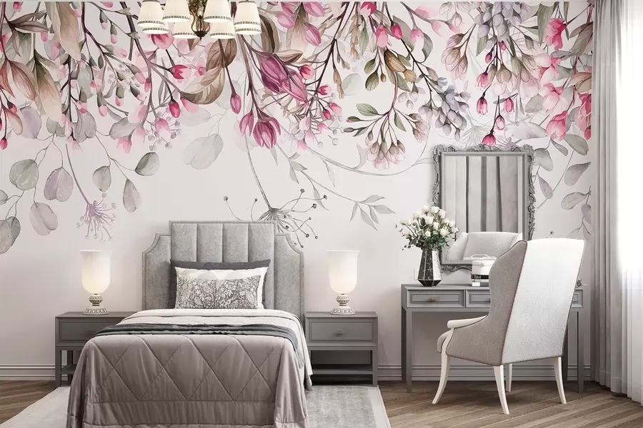 wall murals Нежне розе и беле цветне гране са листовима и латицама, на пастелно сивој позадини w08347