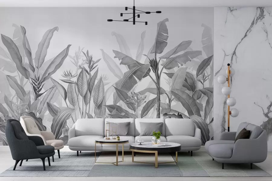 wall murals Црно-бело тропско лишће и цвеће на светлој позадини w01834v3