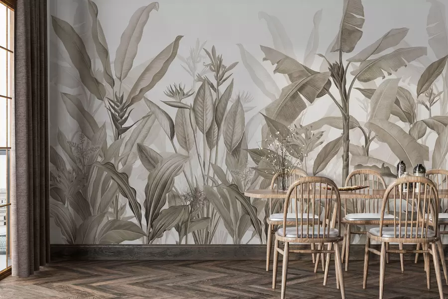 wall murals Тропско лишће и цвеће на светлој позадини у стилу сепије w01834v4
