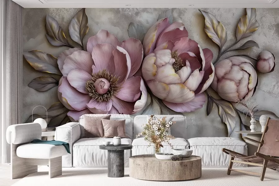 wall murals Цветни љубичасти божури са листовима и латицама пригушених пастелних боја, винтаге стил w01825