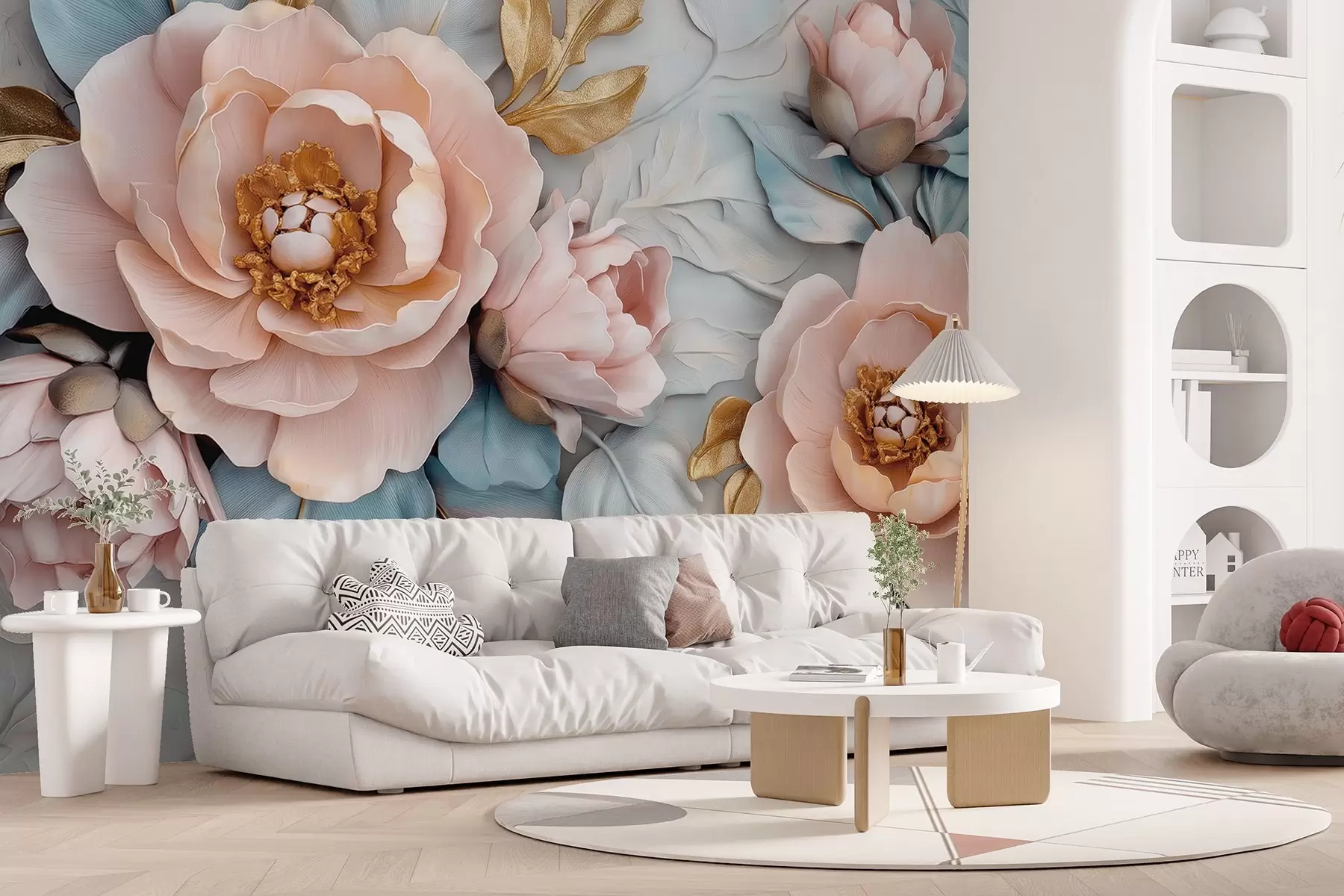 wall murals Луксузне латице и ружичасти божури у пастелно плавим и ружичастим тоновима w01826