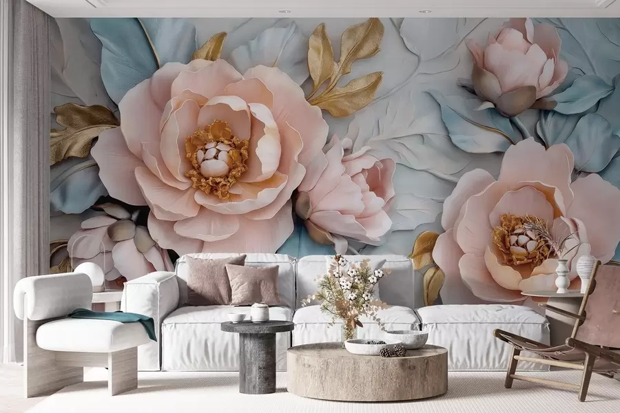 wall murals Луксузне латице и ружичасти божури у пастелно плавим и ружичастим тоновима w01826