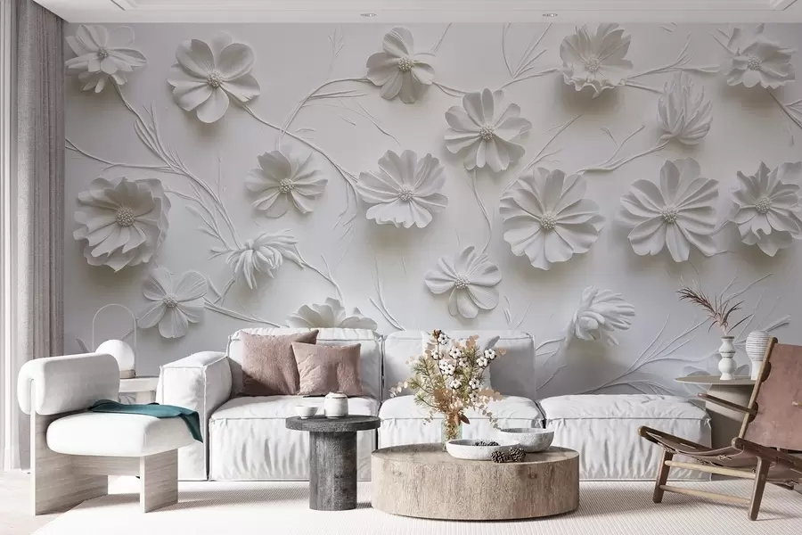 wall murals Бела рељефна композиција цвећа у минималистичком и софистицираном стилу w01828