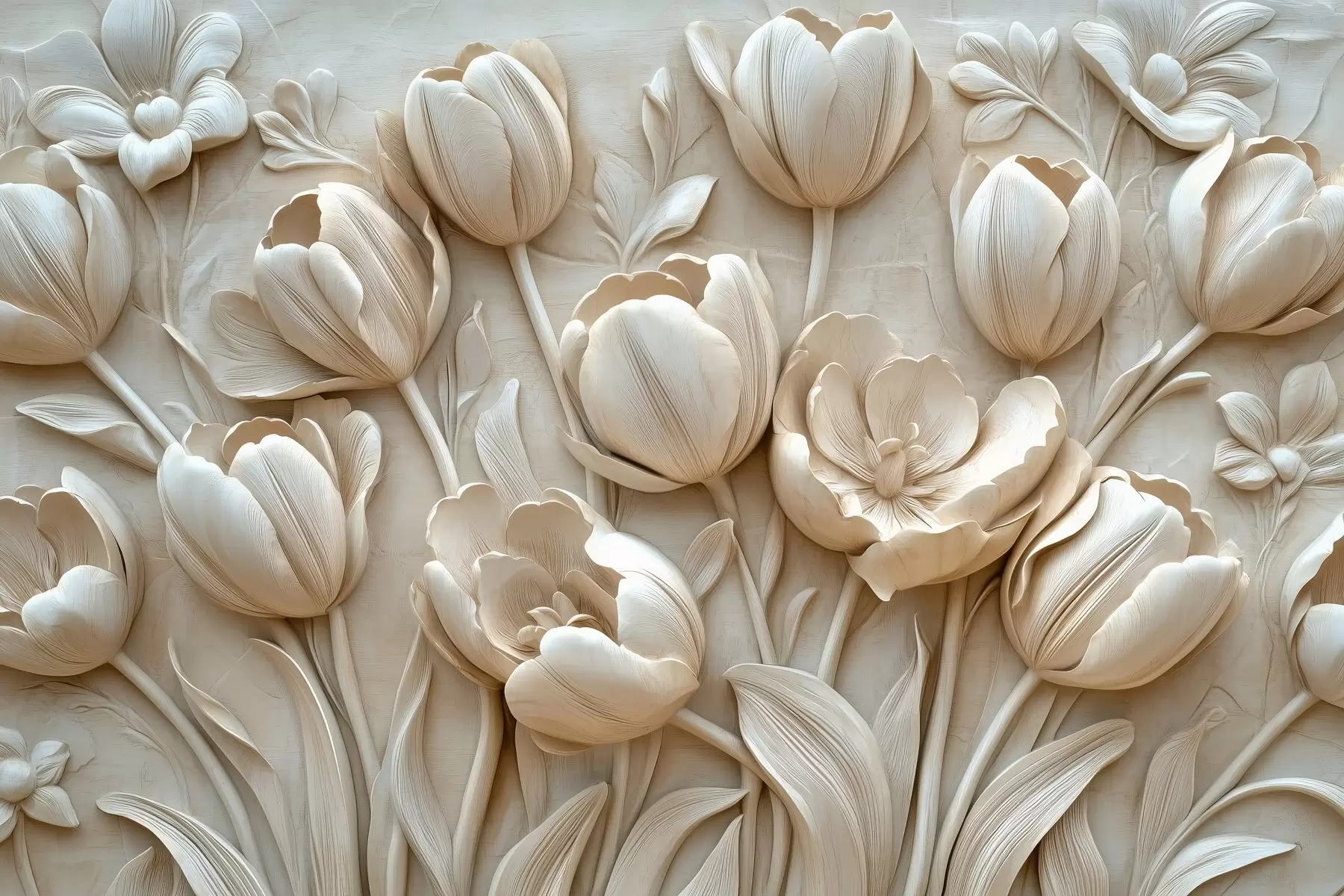 wall murals 3Д цветна уметност са грациозним лалама у беж боји w01851