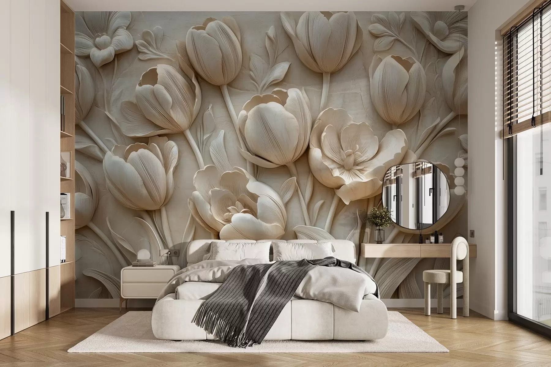 wall murals 3Д цветна уметност са грациозним лалама у беж боји w01851