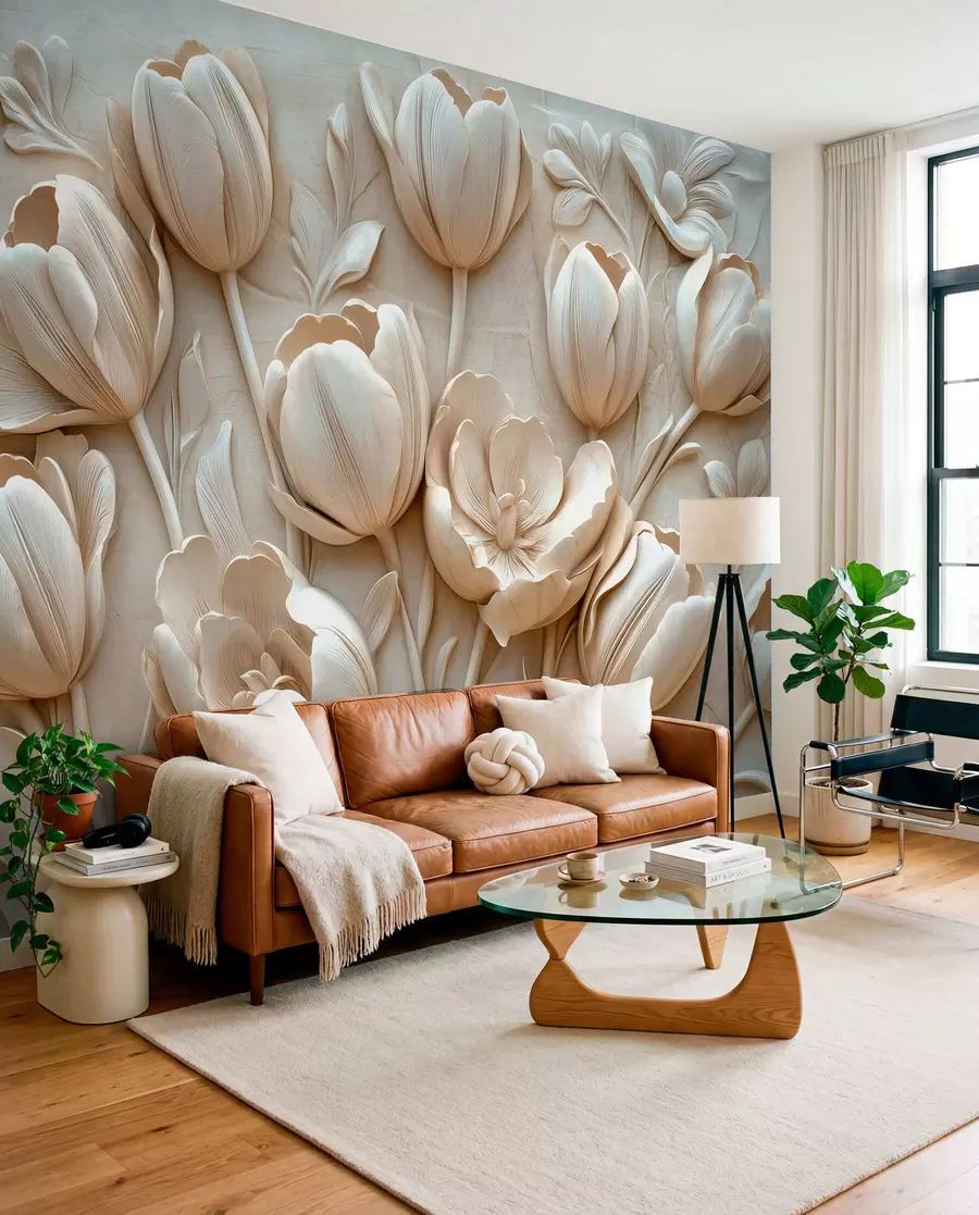 wall murals 3Д цветна уметност са грациозним лалама у беж боји w01851