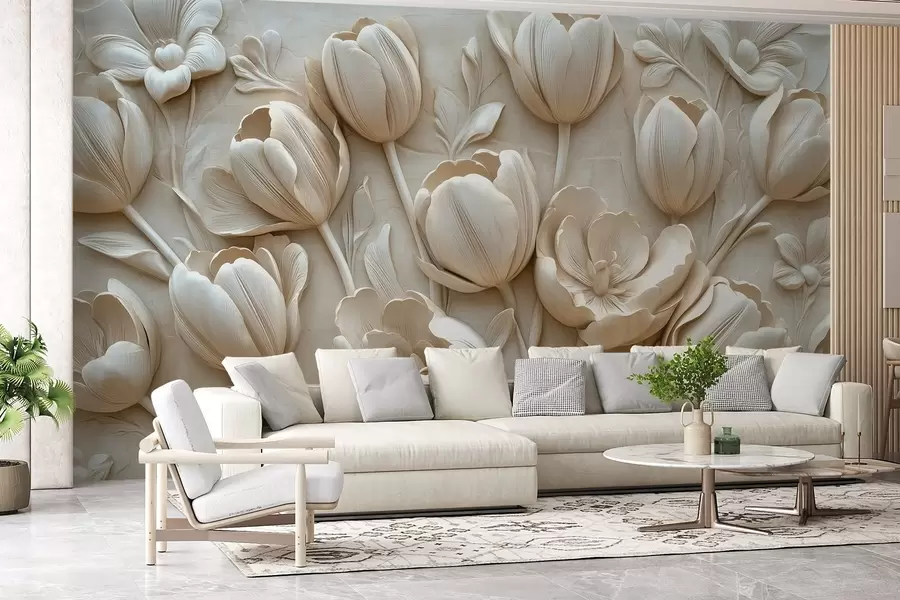 wall murals 3Д цветна уметност са грациозним лалама у беж боји w01851