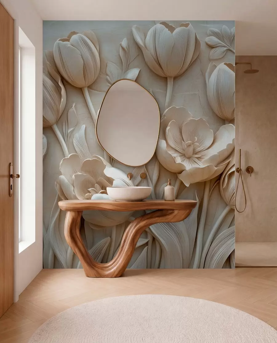 wall murals 3Д цветна уметност са грациозним лалама у беж боји w01851