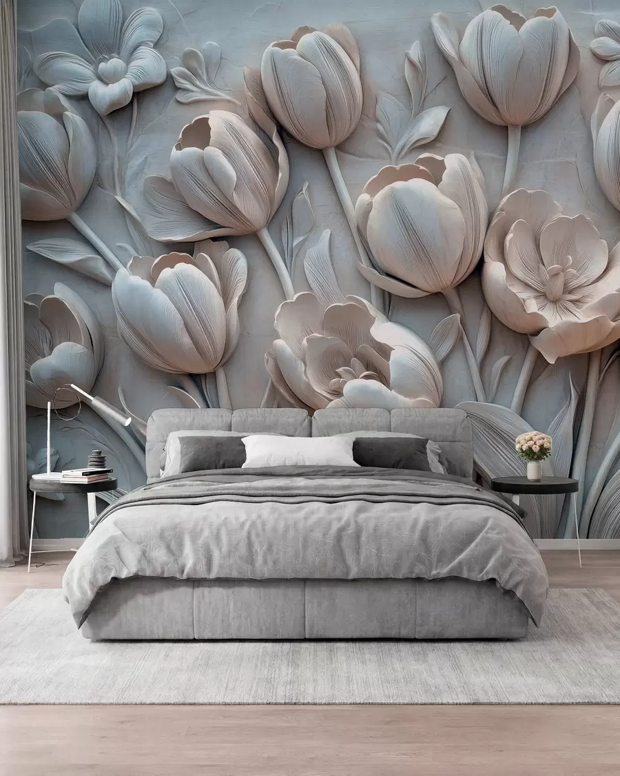 wall murals 3Д цветна уметност са грациозним лалама у сивој боји w01851v1