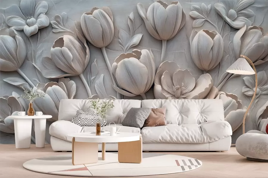 wall murals 3Д цветна уметност са грациозним лалама у сивој боји w01851v1