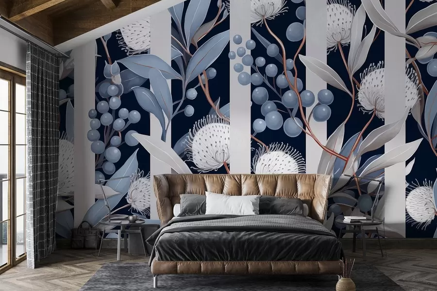 wall murals Орнамент цвећа са шумским воћем, берба, плаве и сиве боје w01886