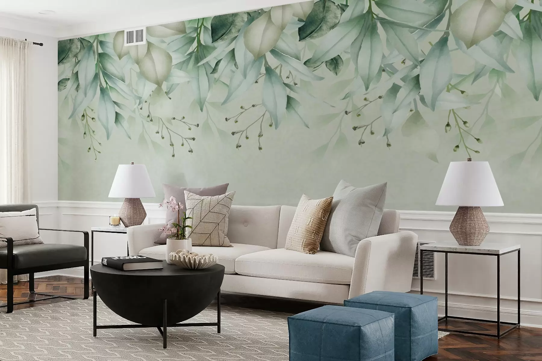 wall murals Зелено лишће и гранчице које висе одозго w01927