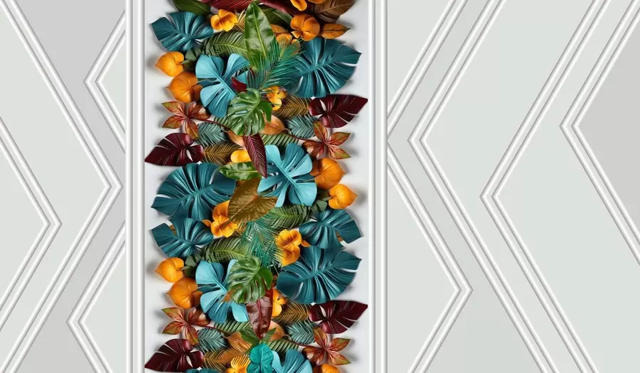 wall murals 3Д тапета са разнобојним тропским листовима и геометријом на сивој позадини w01876