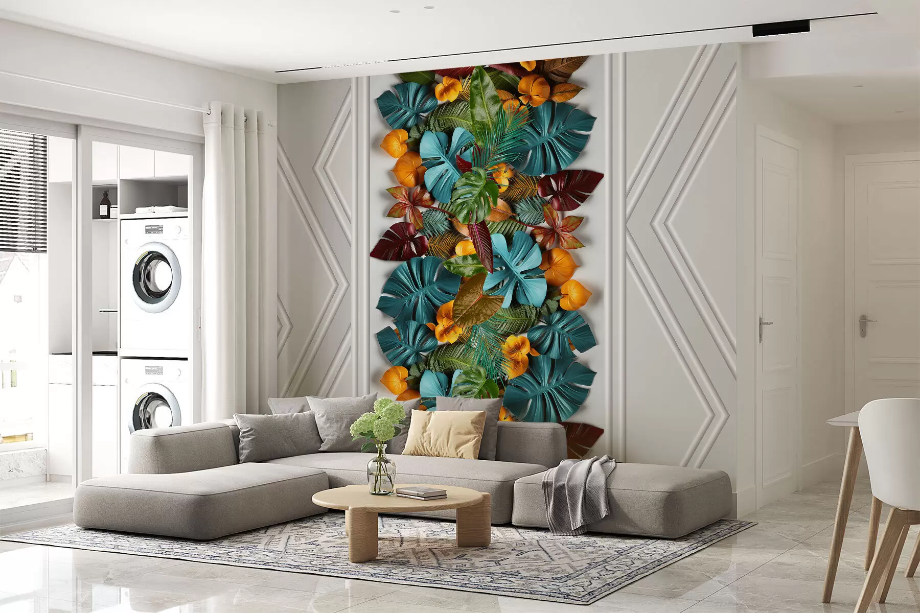 wall murals 3Д тапета са разнобојним тропским листовима и геометријом на сивој позадини w01876