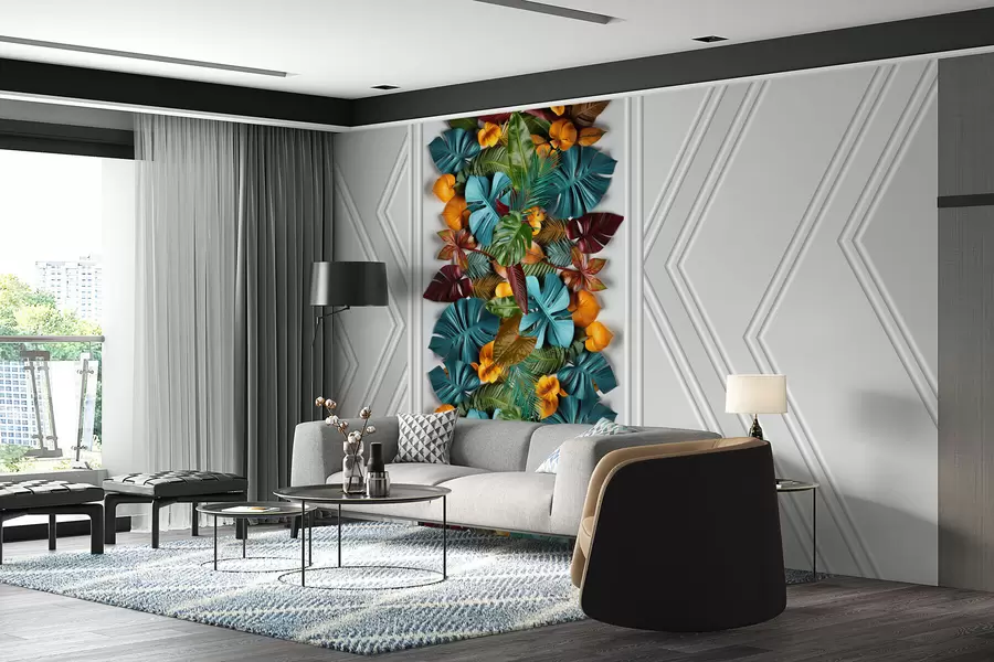 wall murals 3Д тапета са разнобојним тропским листовима и геометријом на сивој позадини w01876