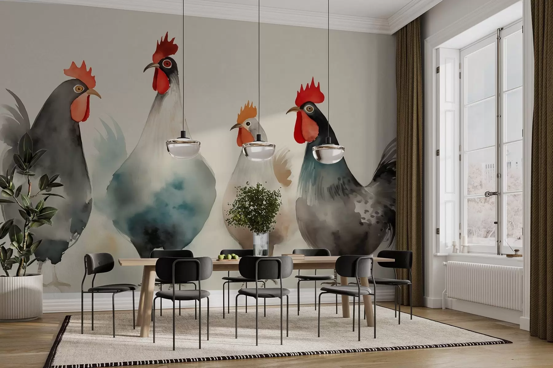 wall murals Пилићи и петлови у замагљеном мокром акварелу w01946