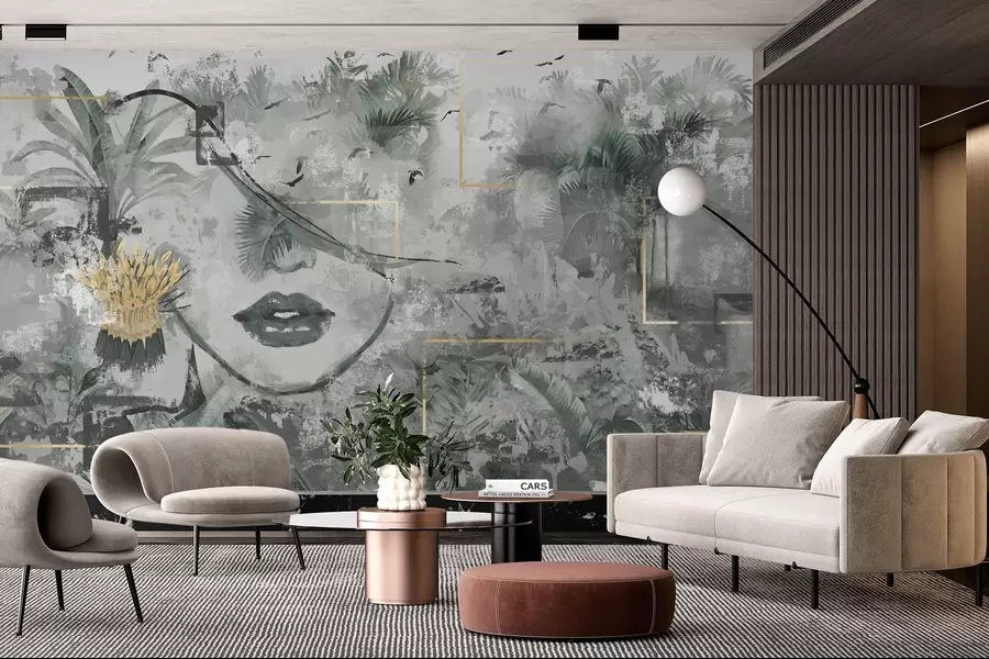 wall murals Грунге прашума и силуета девојачког лица w01916