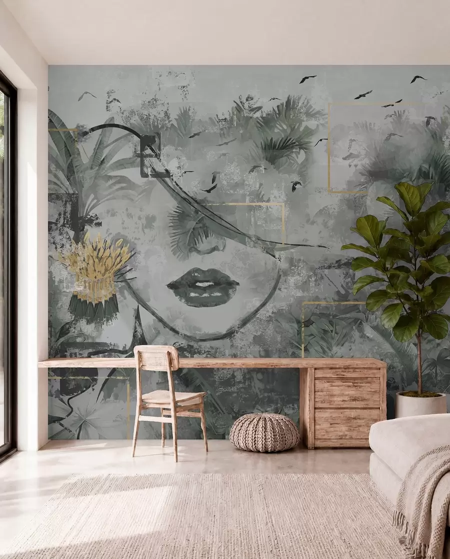 wall murals Грунге прашума и силуета девојачког лица w01916