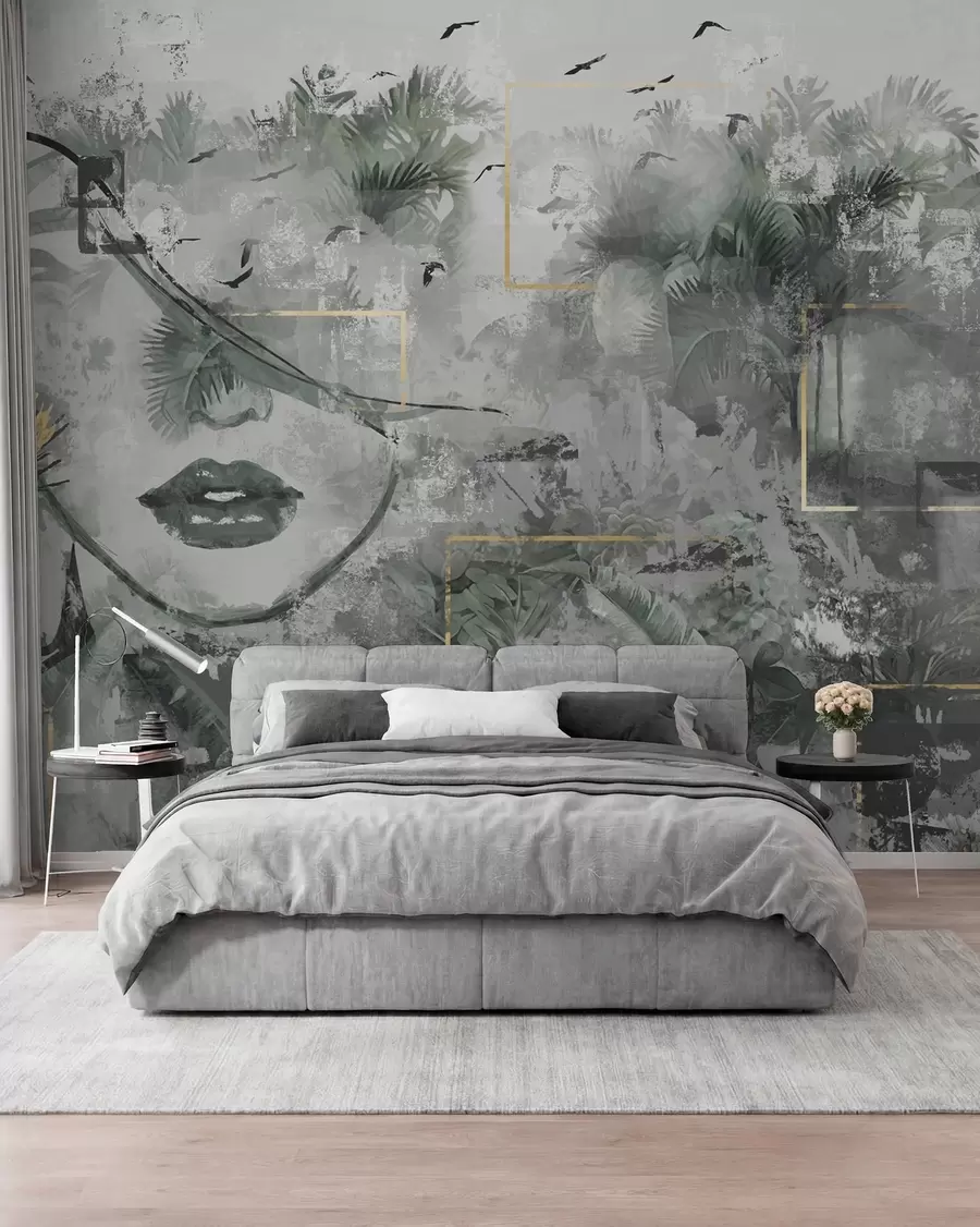 wall murals Грунге прашума и силуета девојачког лица w01916d1