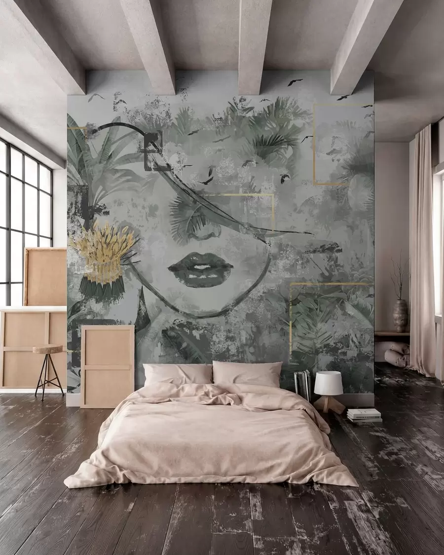 wall murals Грунге прашума и силуета девојачког лица w01916d1