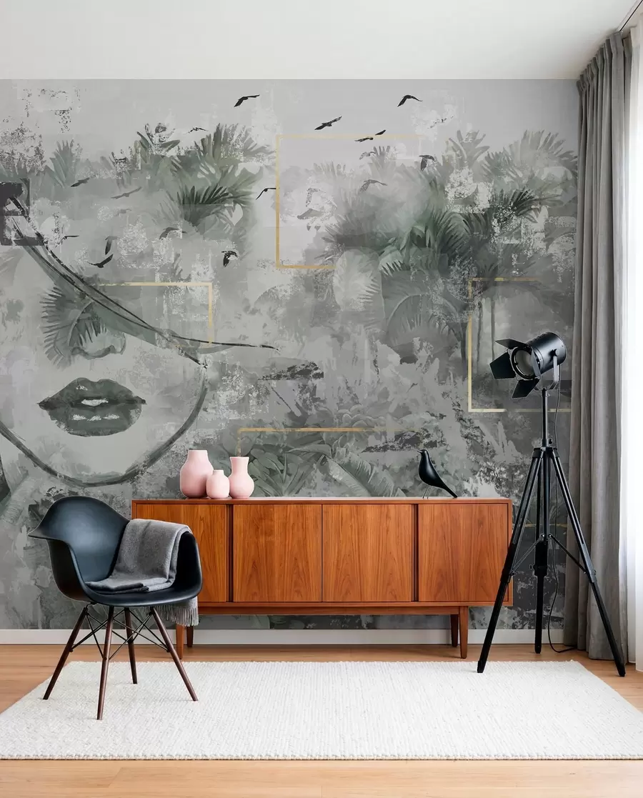 wall murals Грунге прашума и силуета девојачког лица w01916d1