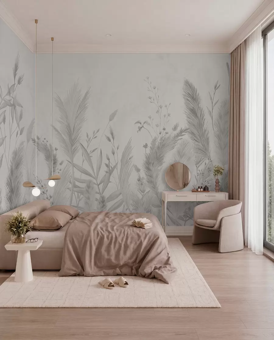 wall murals Високе пољске траве и цвеће у неутралним бојама w02004