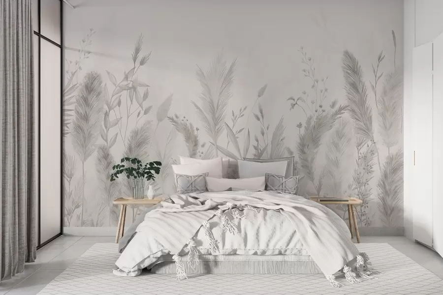 wall murals Високе пољске траве и цвеће у неутралним бојама w02004