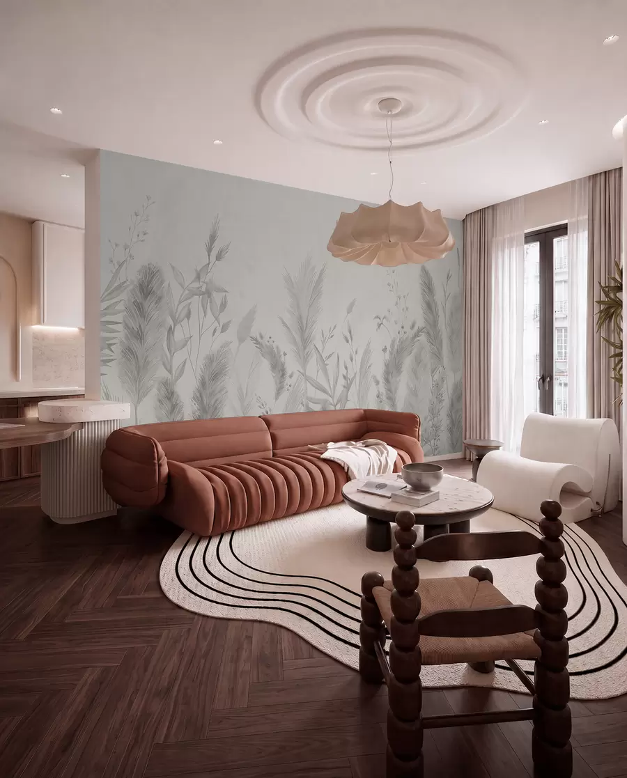 wall murals Високе пољске траве и цвеће у неутралним бојама w02004